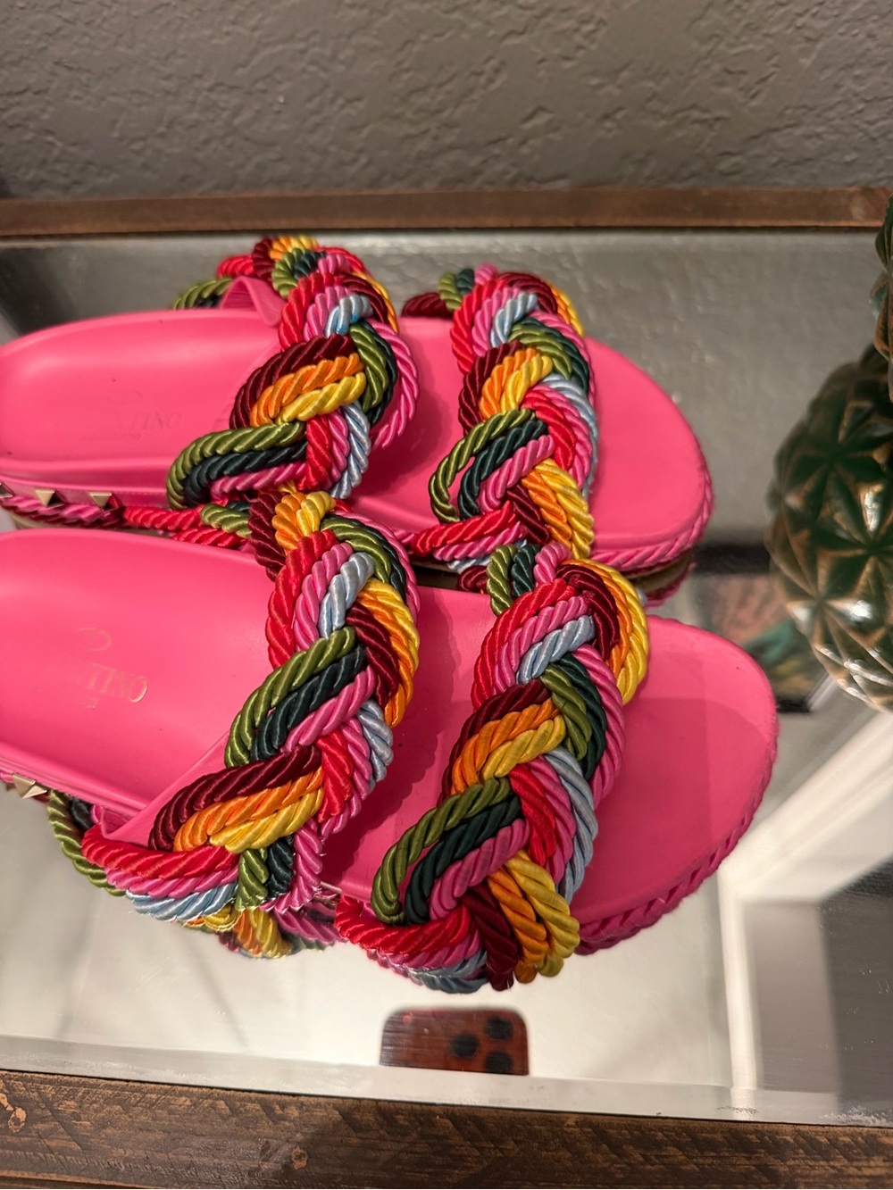 Valentino Garavani Hot Pink Braided Multi-Color Slide Sandals